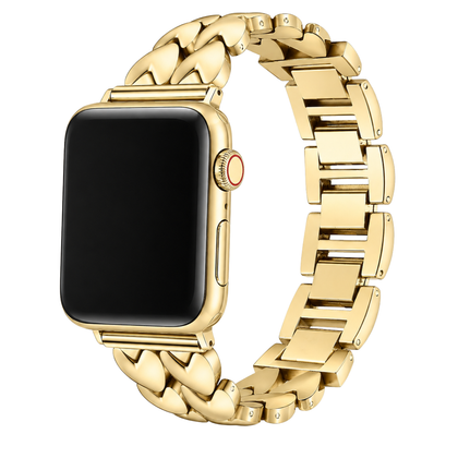 Apple Watch Dubbele Hartjes Schakelband Goud, weergave bij een Apple Watch