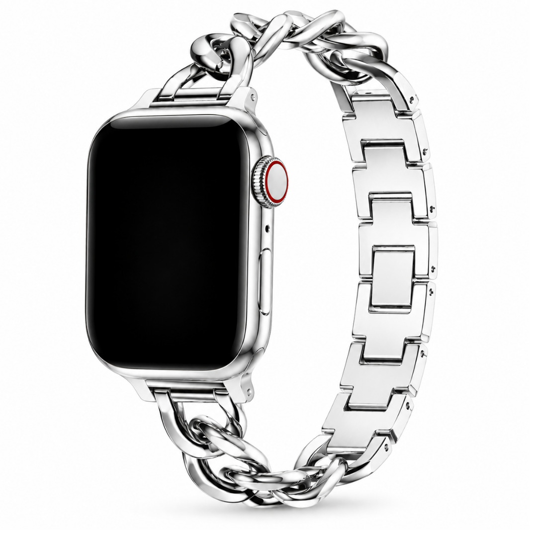 Apple Watch Duo Link Schakelband Zilver, weergave bij een Apple Watch
