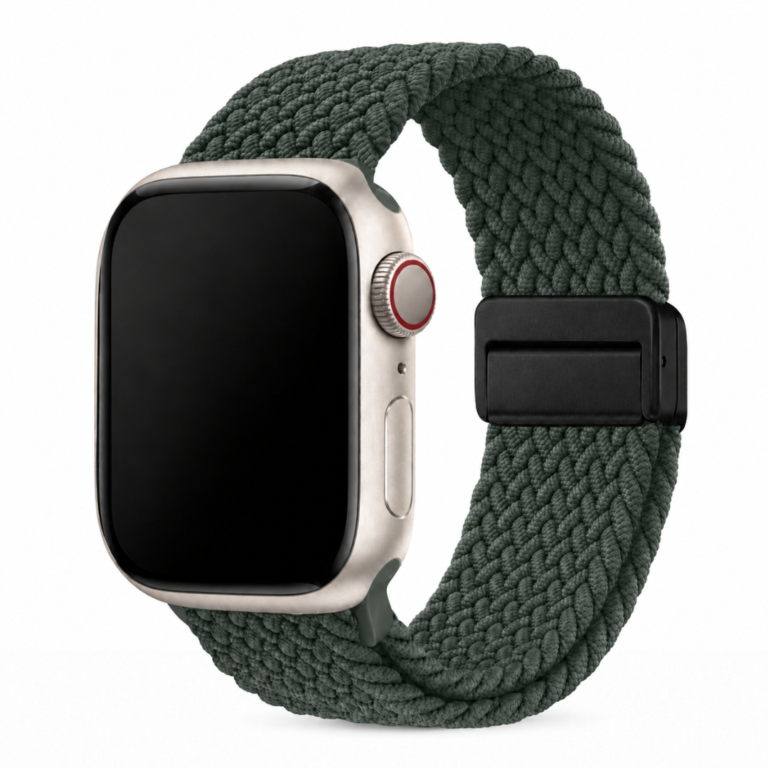 Apple Watch Gevlochten Bandje Mosgroen, weergave bij een Apple Watch