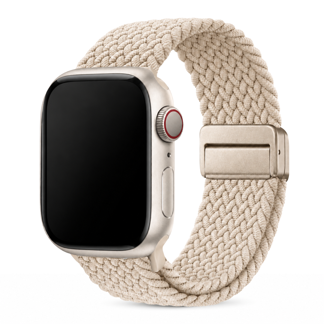 Apple Watch Gevlochten Bandje Starlight, weergave bij een Apple Watch