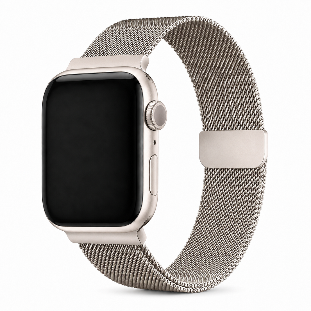 Apple Watch Milanees Bandje Starlight, weergave bij een Apple Watch