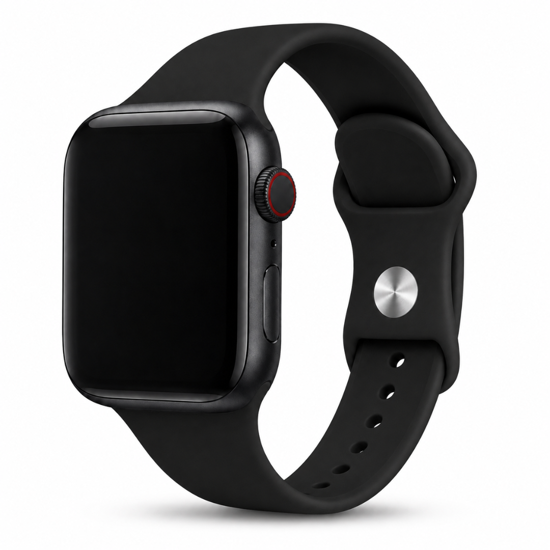 Apple Watch Siliconen Sportbandje Zwart, weergave bij een Apple Watch