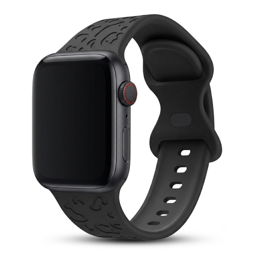 Apple Watch Panterprint Siliconen Bandje Zwart, weergave bij een Apple Watch