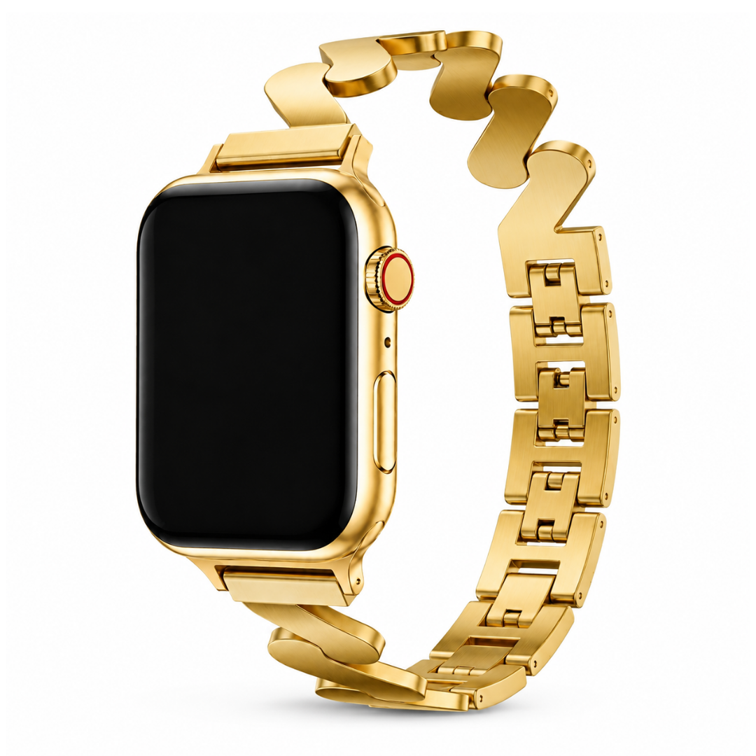 Apple Watch Zig Link Schakelband Goud, weergave bij een Apple Watch