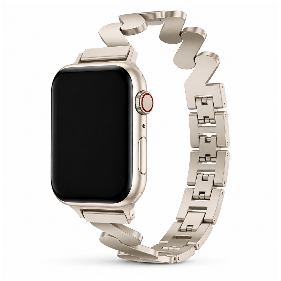 Apple Watch Zig Link Schakelband Starlight, weergave bij een Apple Watch