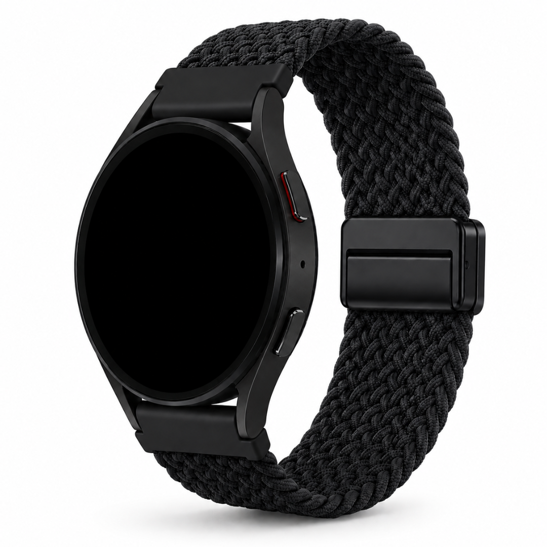 Samsung Galaxy Watch Gevlochten Bandje Zwart, weergave bij een Samsung Galaxy Watch
