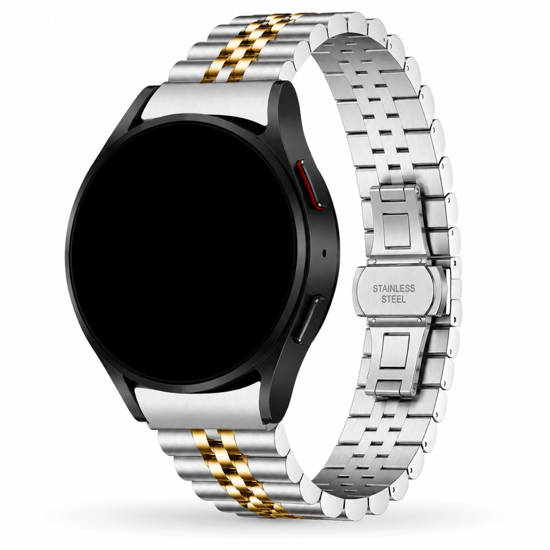 Samsung Galaxy Watch Jubilee Schakelband Goud Zilver, weergave bij een Samsung Galaxy Watch