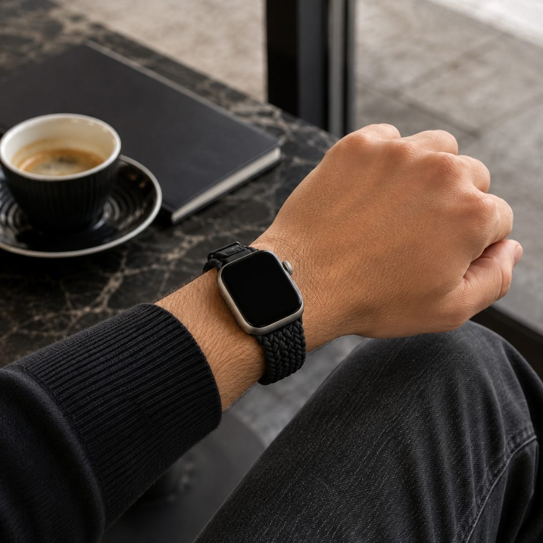 Apple Watch Gevlochten Bandje Zwart, gedragen om de pols