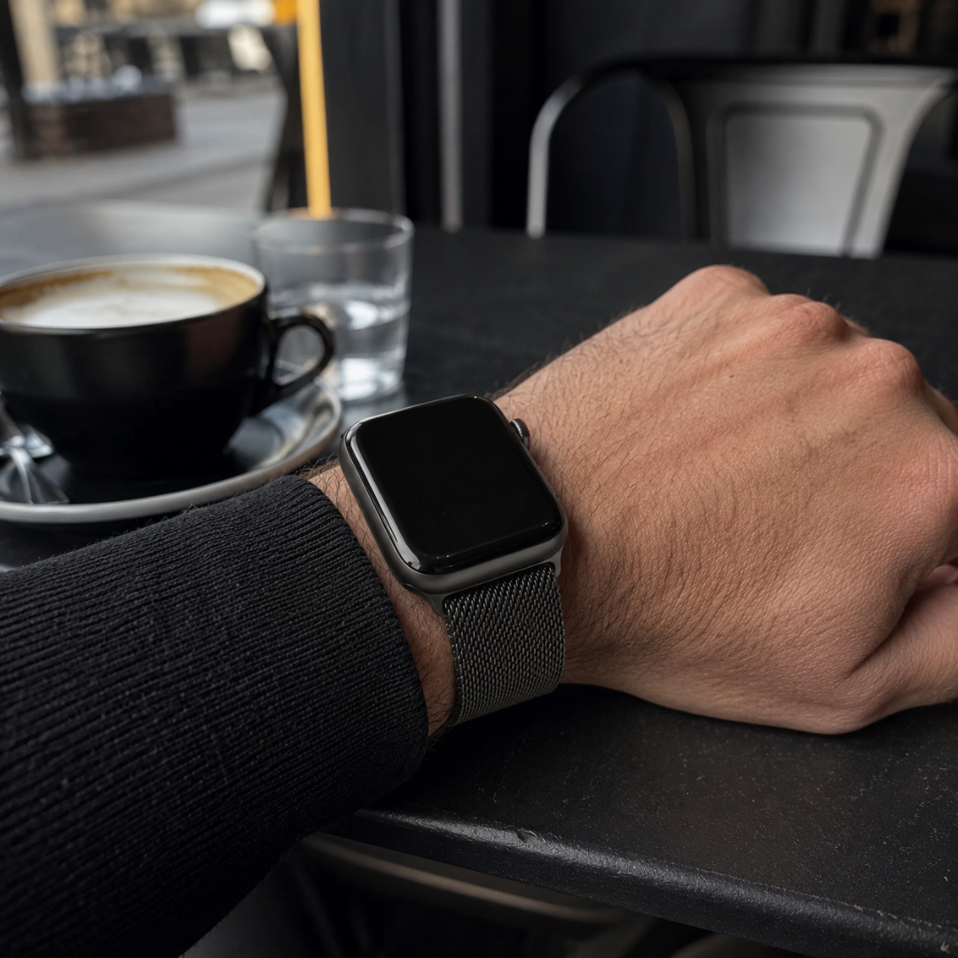 Apple Watch Milanees Bandje Zwart, gedragen om de pols