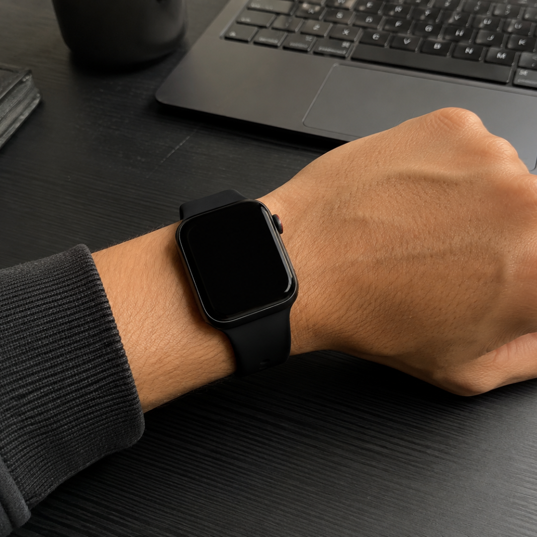 Apple Watch Siliconen Sportbandje Zwart, gedragen om de pols
