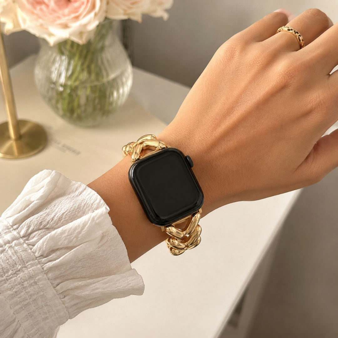 Apple Watch V-Schakelband Goud, gedragen om de pols