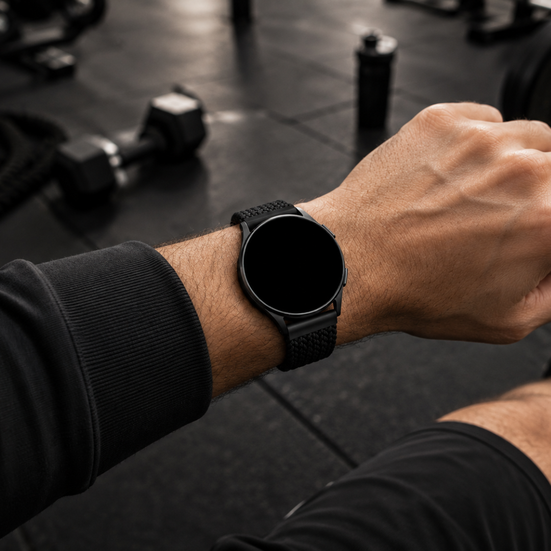 Samsung Galaxy Watch Gevlochten Bandje Zwart, gedragen om de pols