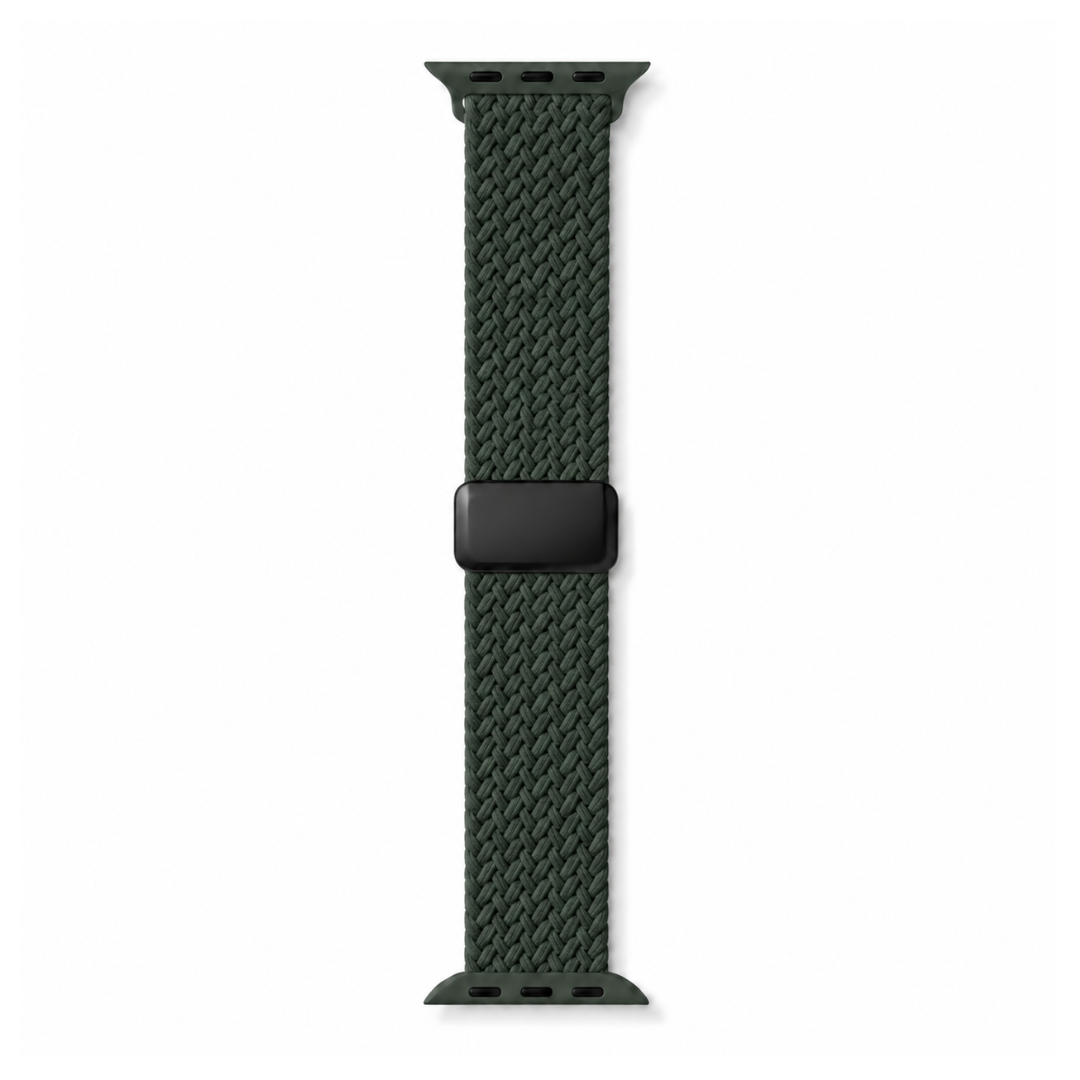 Apple Watch Gevlochten Bandje Mosgroen, volledig op een witte achtergrond