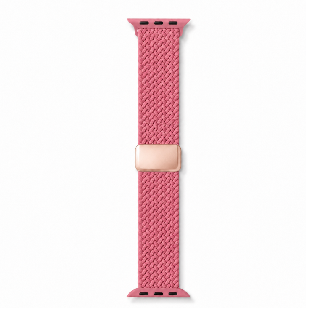 Apple Watch Gevlochten Bandje Roze, volledig op een witte achtergrond