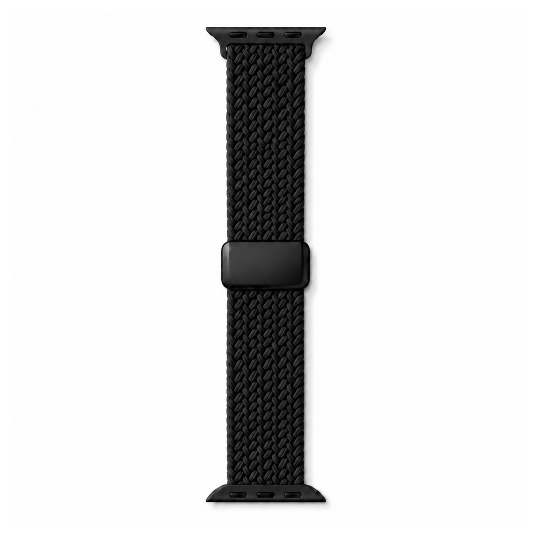 Apple Watch Gevlochten Bandje Zwart, volledig op een witte achtergrond