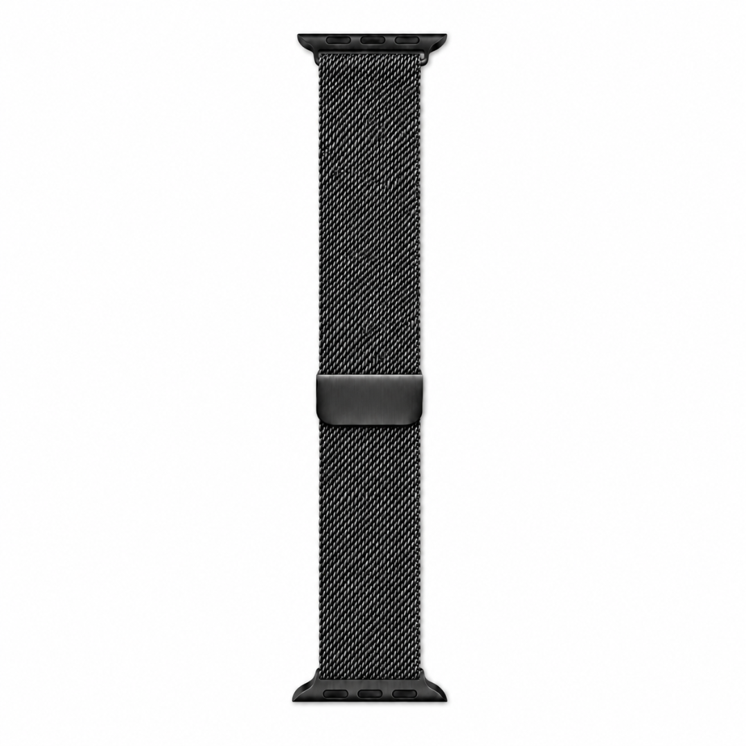 Apple Watch Milanees Bandje Zwart, volledig op een witte achtergrond