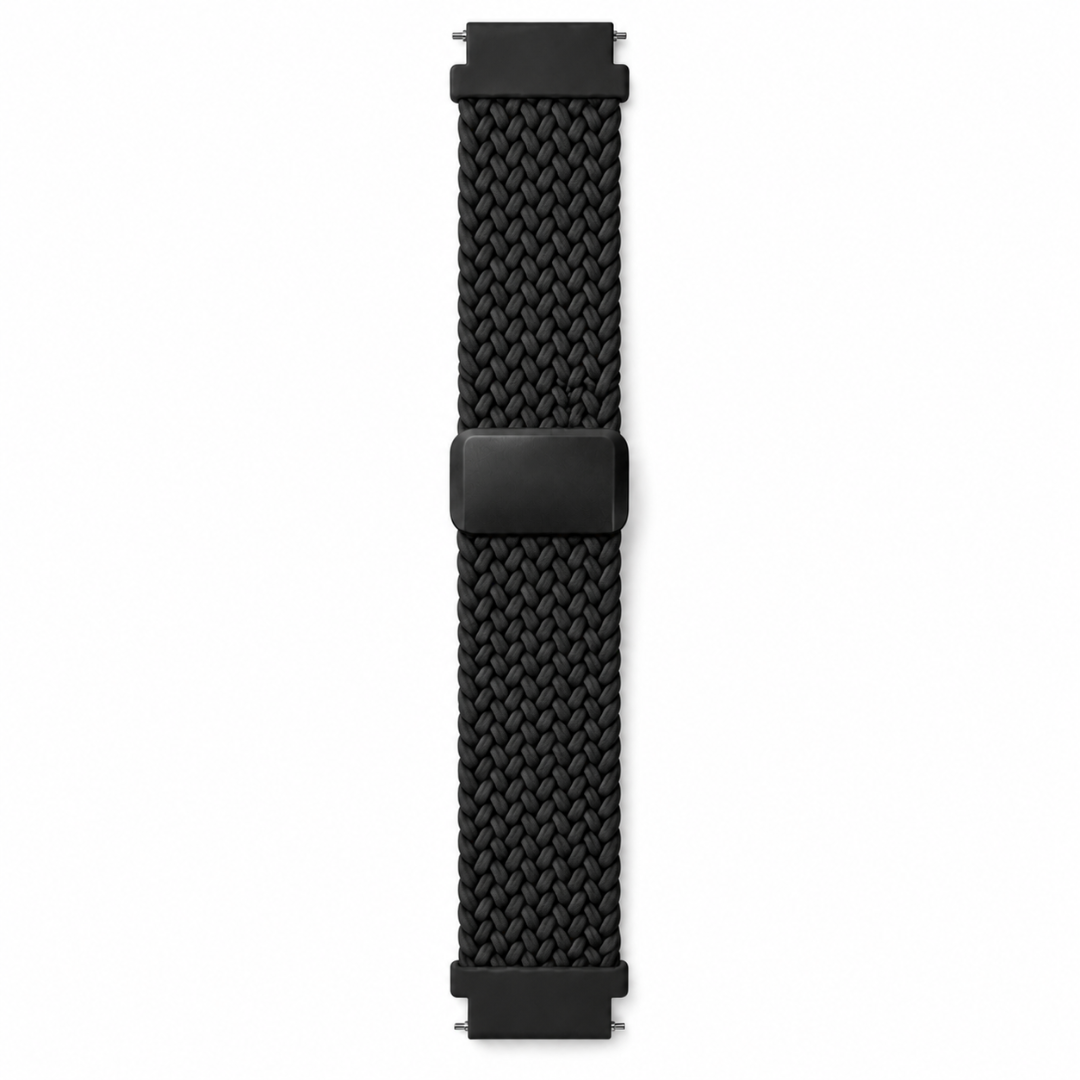 Samsung Galaxy Watch Gevlochten Bandje Zwart, volledig op een witte achtergrond