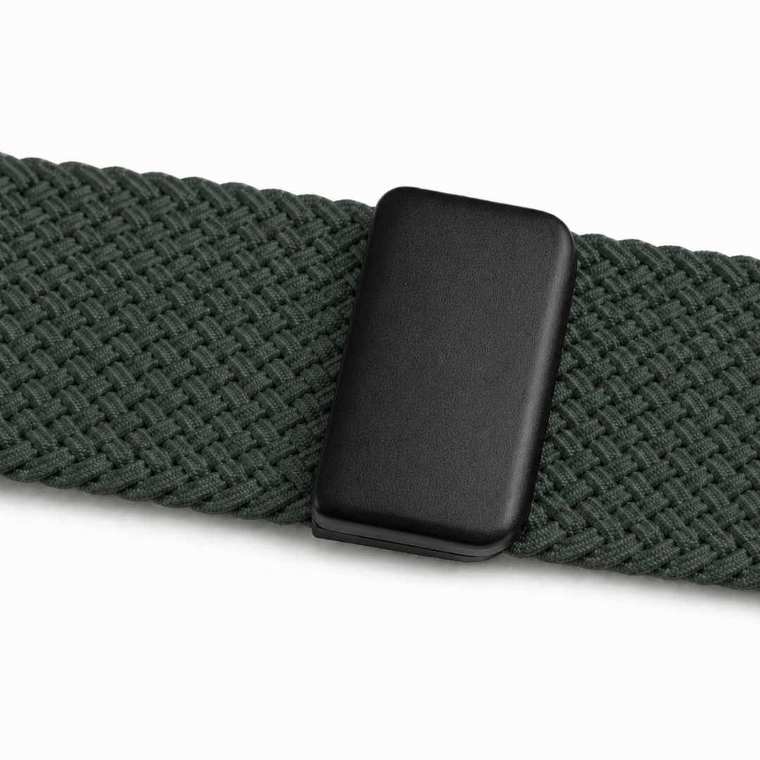 Apple Watch Gevlochten Bandje Mosgroen, detail van het sluitingsgedeelte