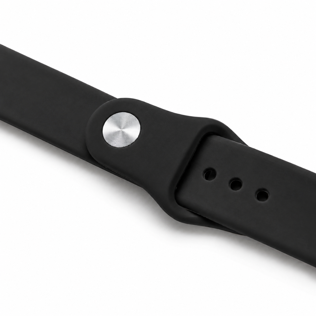 Apple Watch Siliconen Sportbandje Zwart, detail van het sluitingsgedeelte