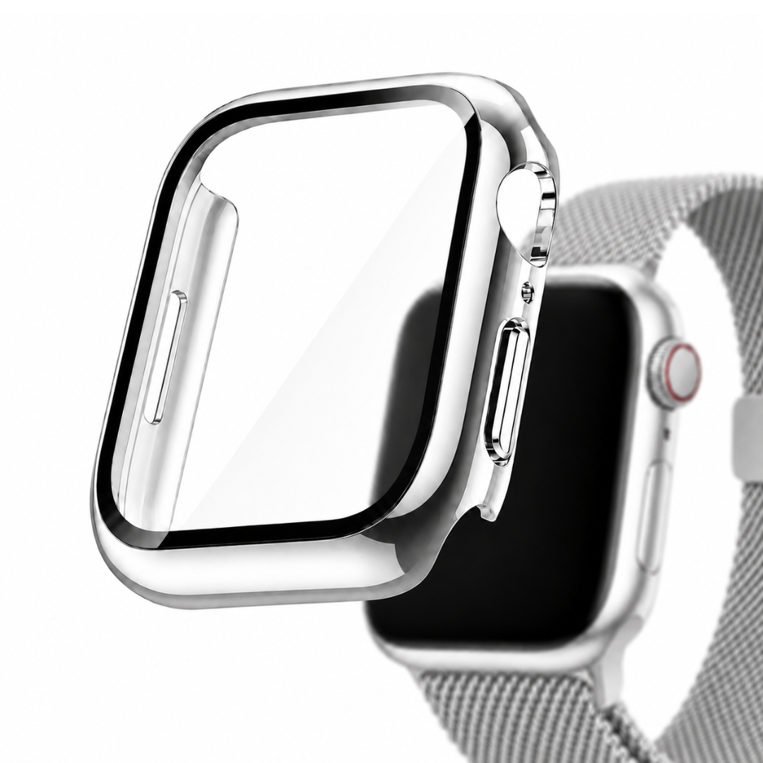 Apple Watch 2-in-1 Hoesje met Screenprotector Zilver, weergave bij een Apple Watch