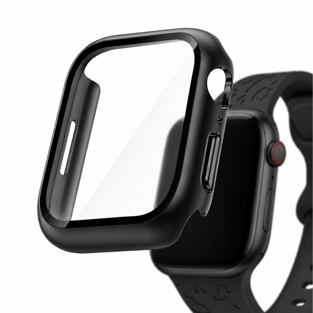 Apple Watch 2-in-1 Hoesje met Screenprotector Zwart, weergave bij een Apple Watch