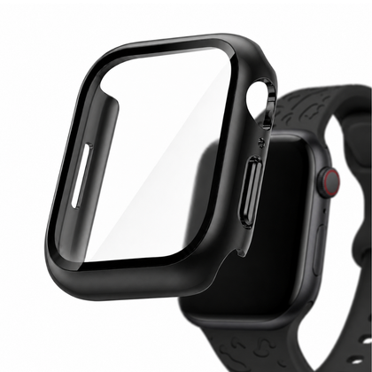 Apple Watch 2-in-1 Hoesje met Screenprotector Zwart, weergave bij een Apple Watch