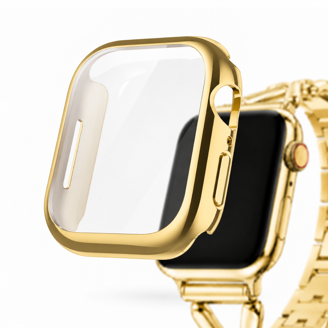 Apple Watch Siliconen Hoesje met Screenprotector Goud, weergave bij een Apple Watch