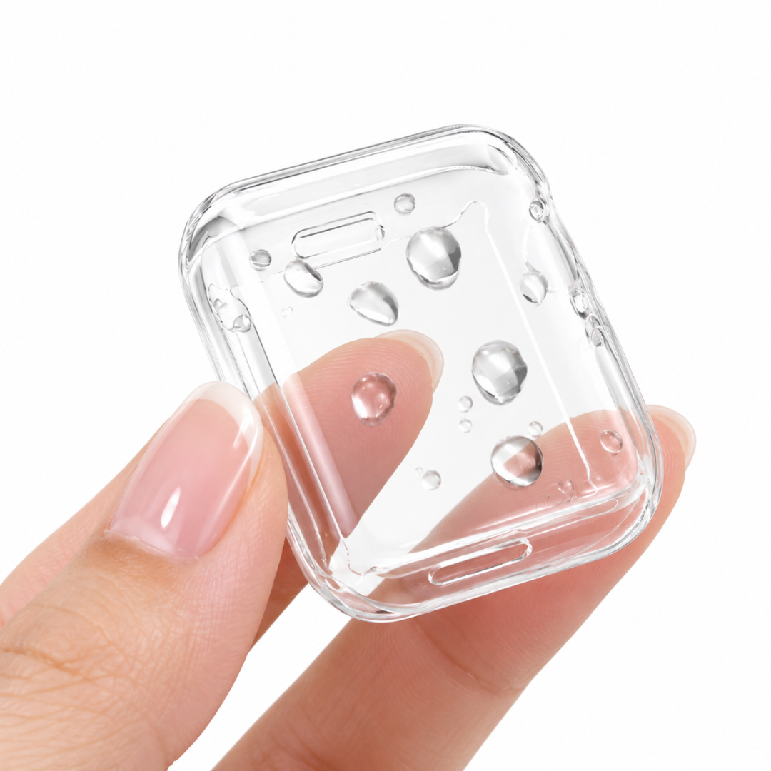 Apple Watch Siliconen Hoesje met Screenprotector Transparant, detail van de transparante voorzijde