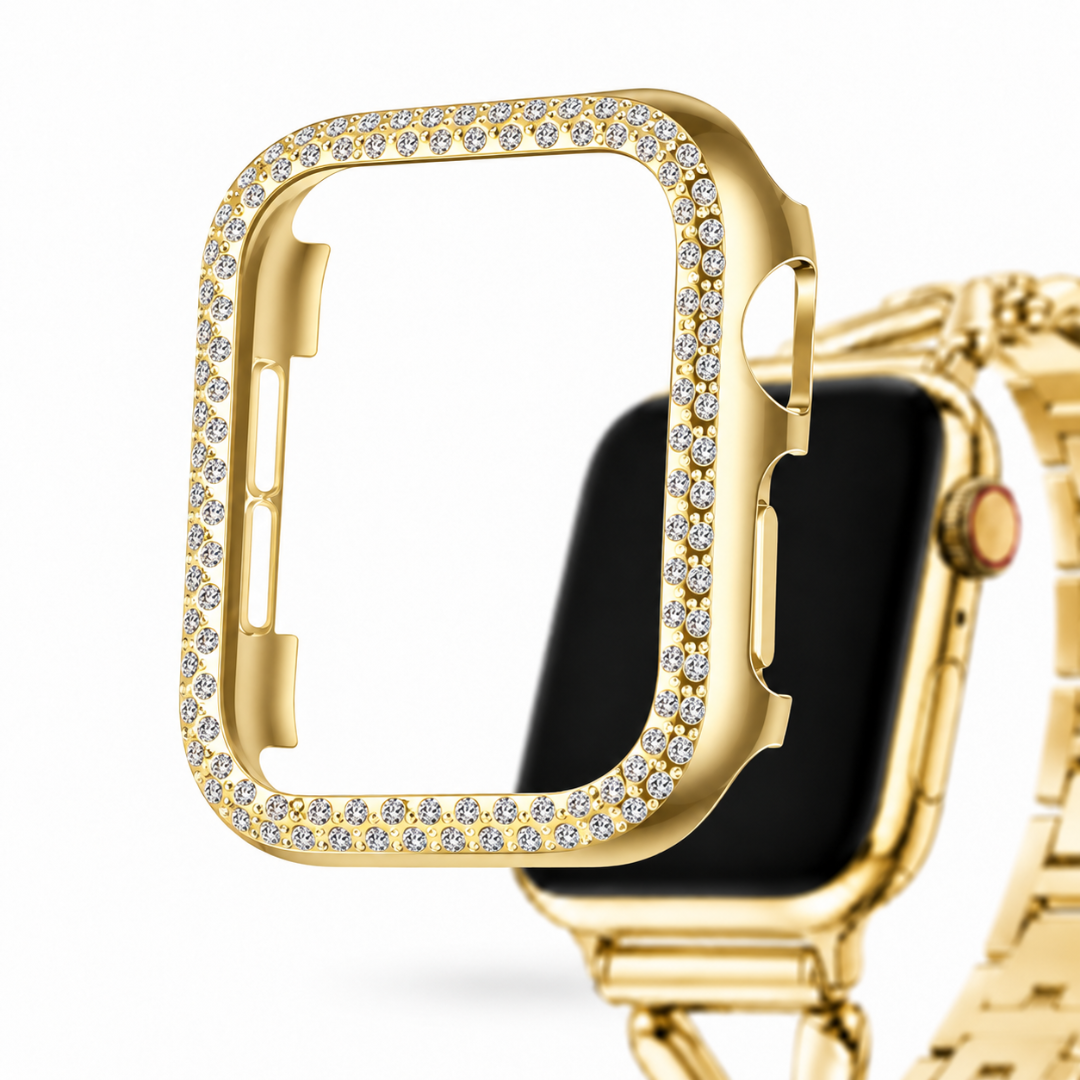 Apple Watch Frame Goud met steentjes, weergave bij een Apple Watch