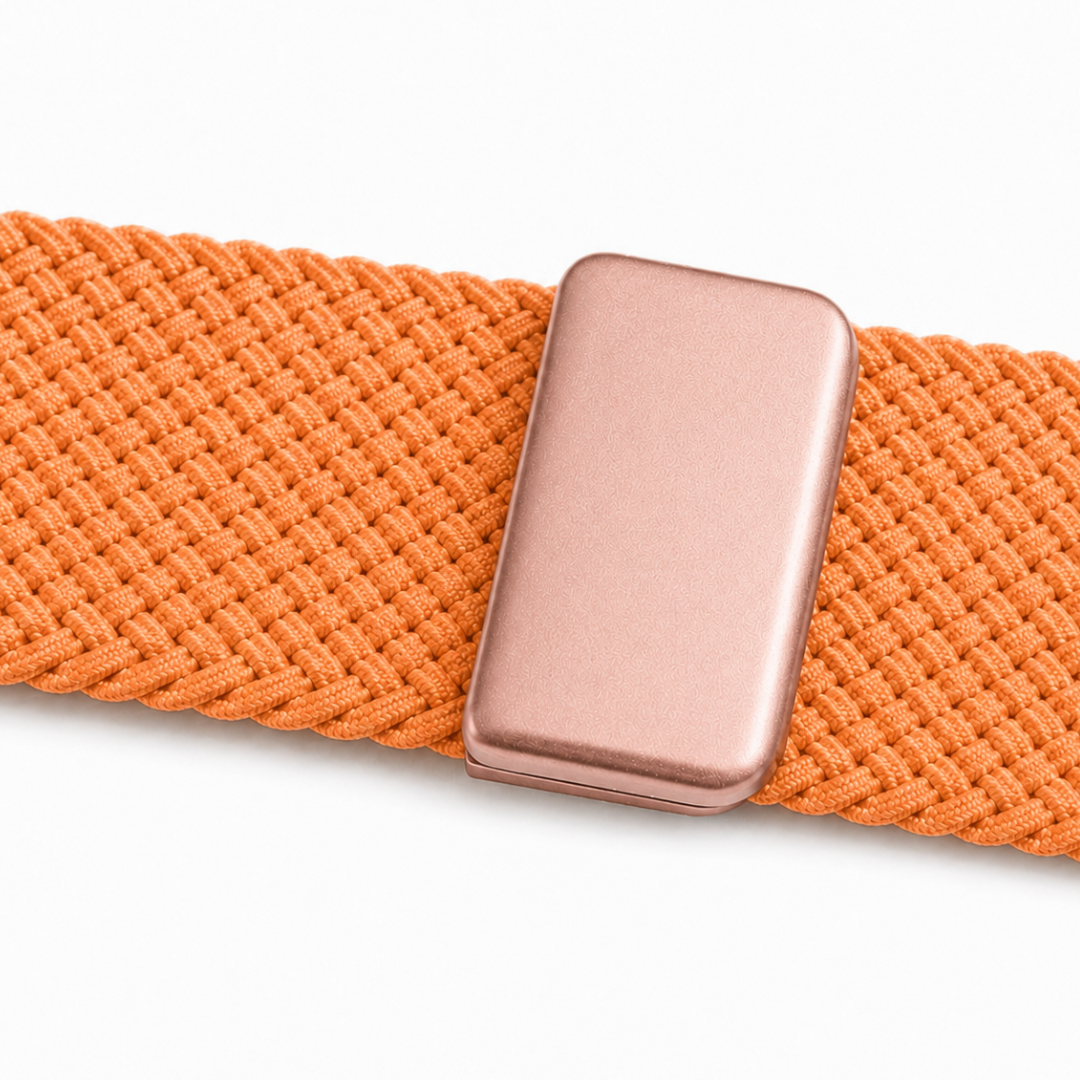 Apple Watch Gevlochten Bandje Oranje, detail van het sluitingsgedeelte